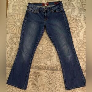 Lucky Brand Jeans Sophia Boot Blue Dark Wash Fading Whiskering Boot Leg Mid Rise